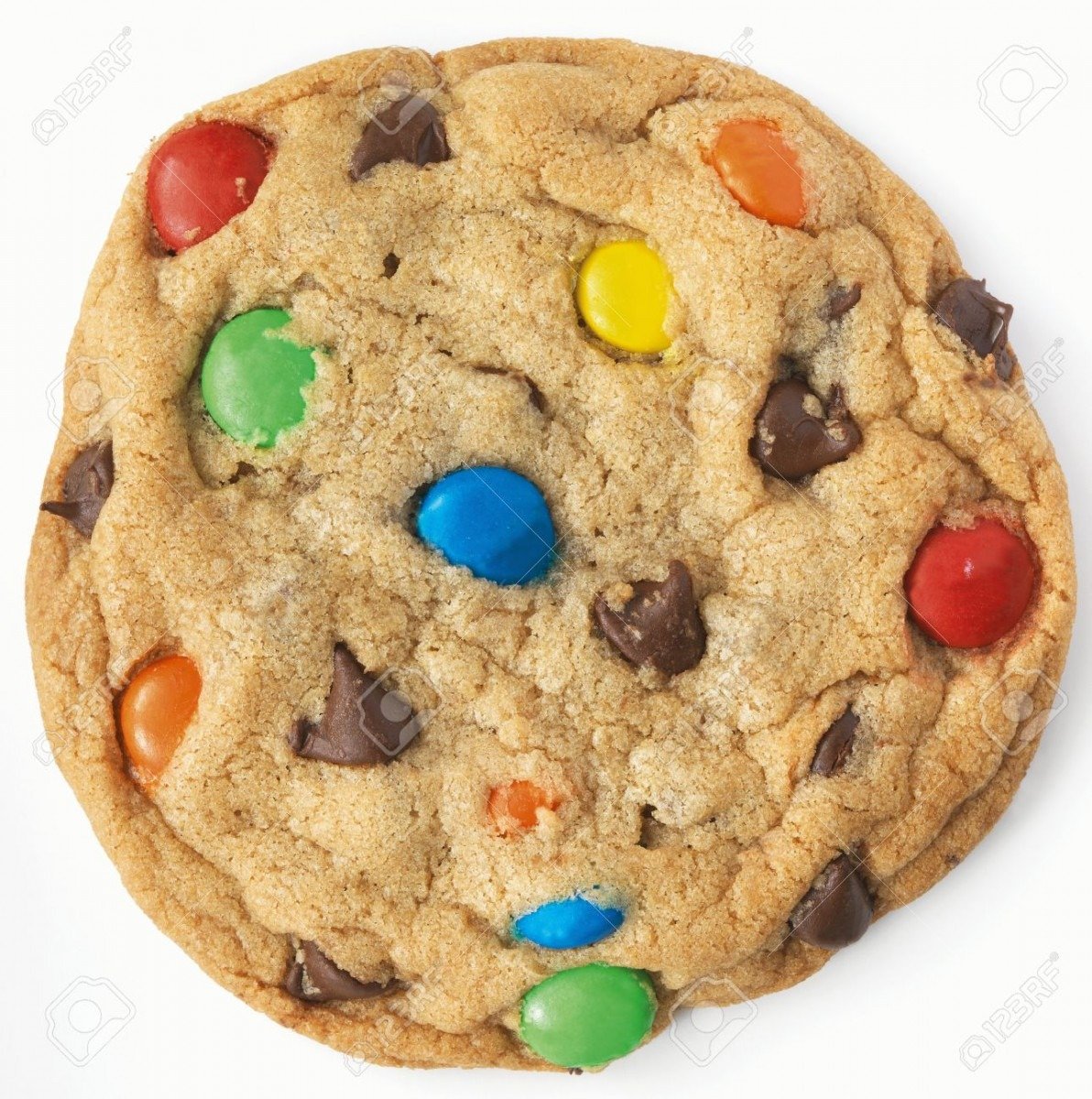 M&m Chocolate Chip Cookie; White Background Stock Photo, Picture