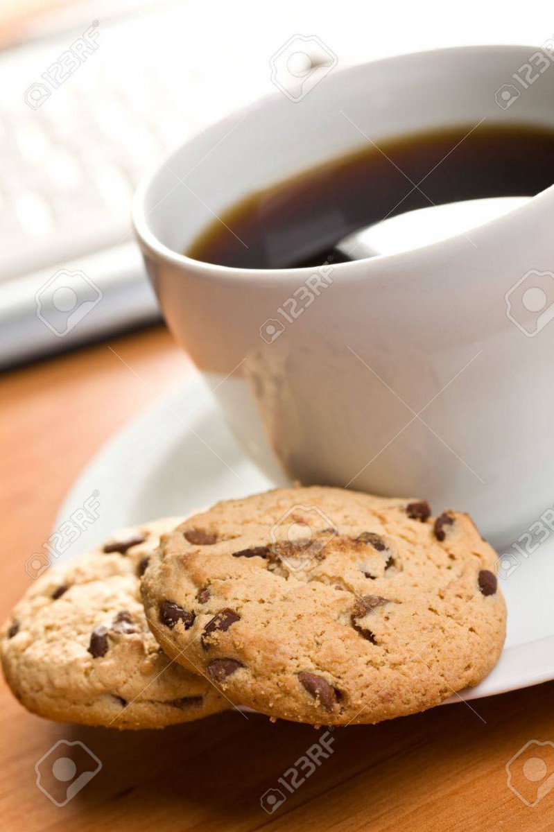 Breakfast In Office   Cookies And Coffee Stock Photo, Picture And