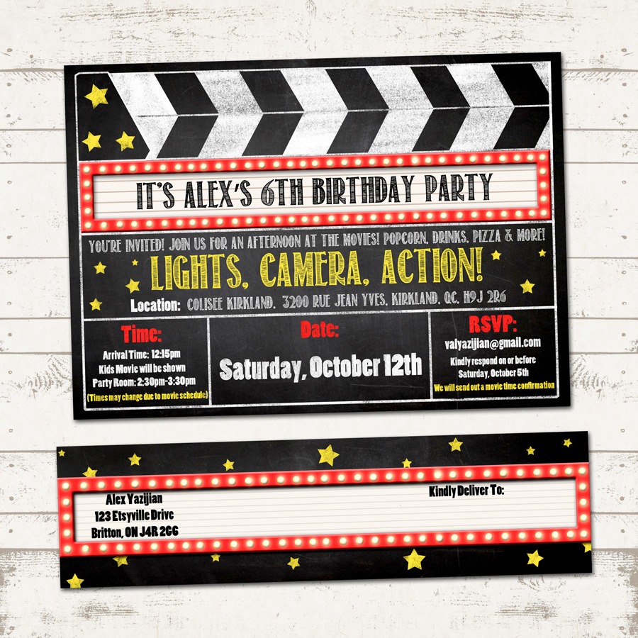 Movie Birthday Party Invitation With Wrap Around Address Labels