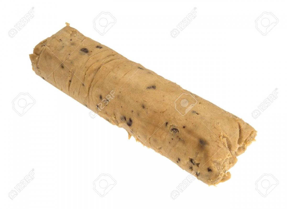 A Packaged Roll Of Chocolate Chip Cookie Dough Isolated On A