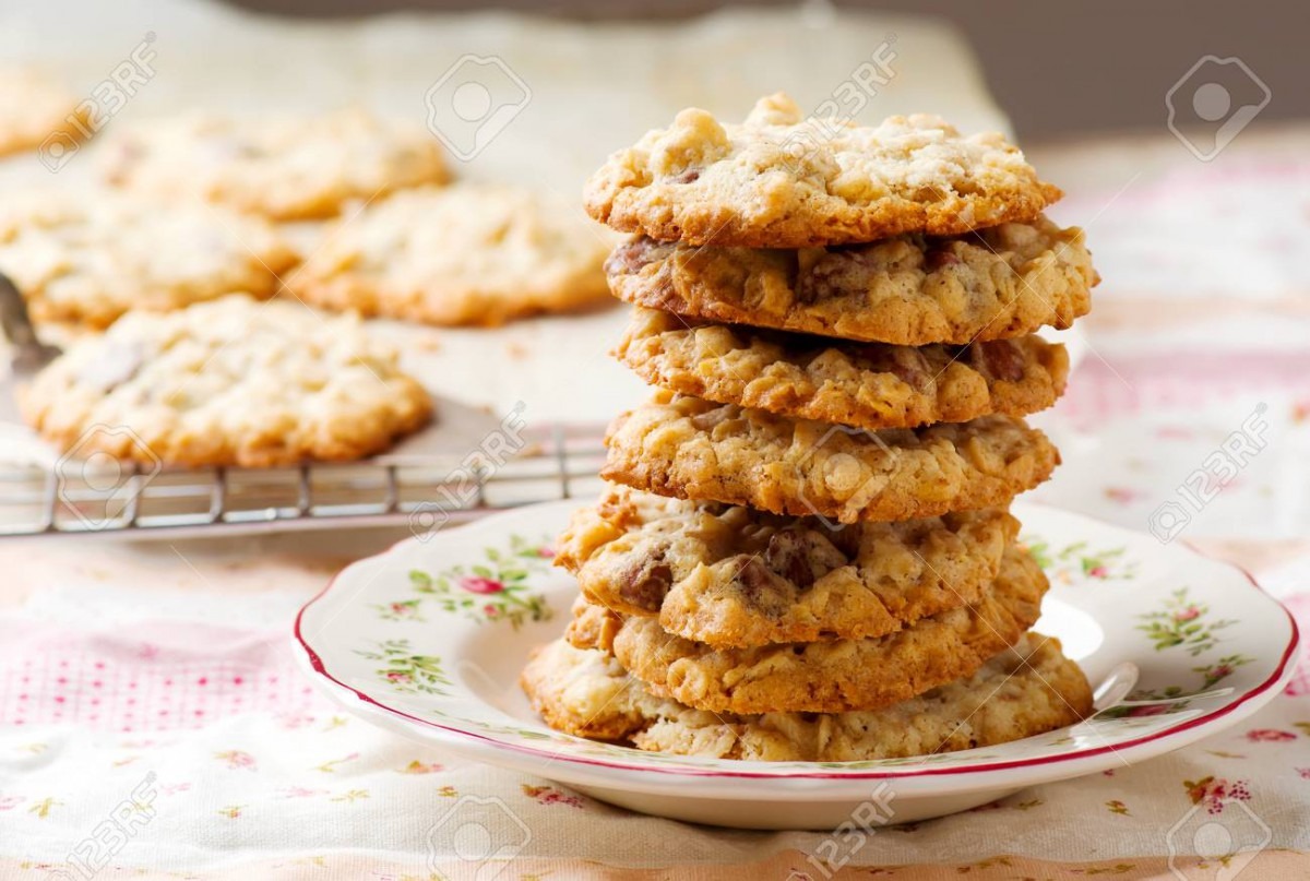 Crispy Oatmeal Chocolate Chip Cookies  Rustic Selective Focus