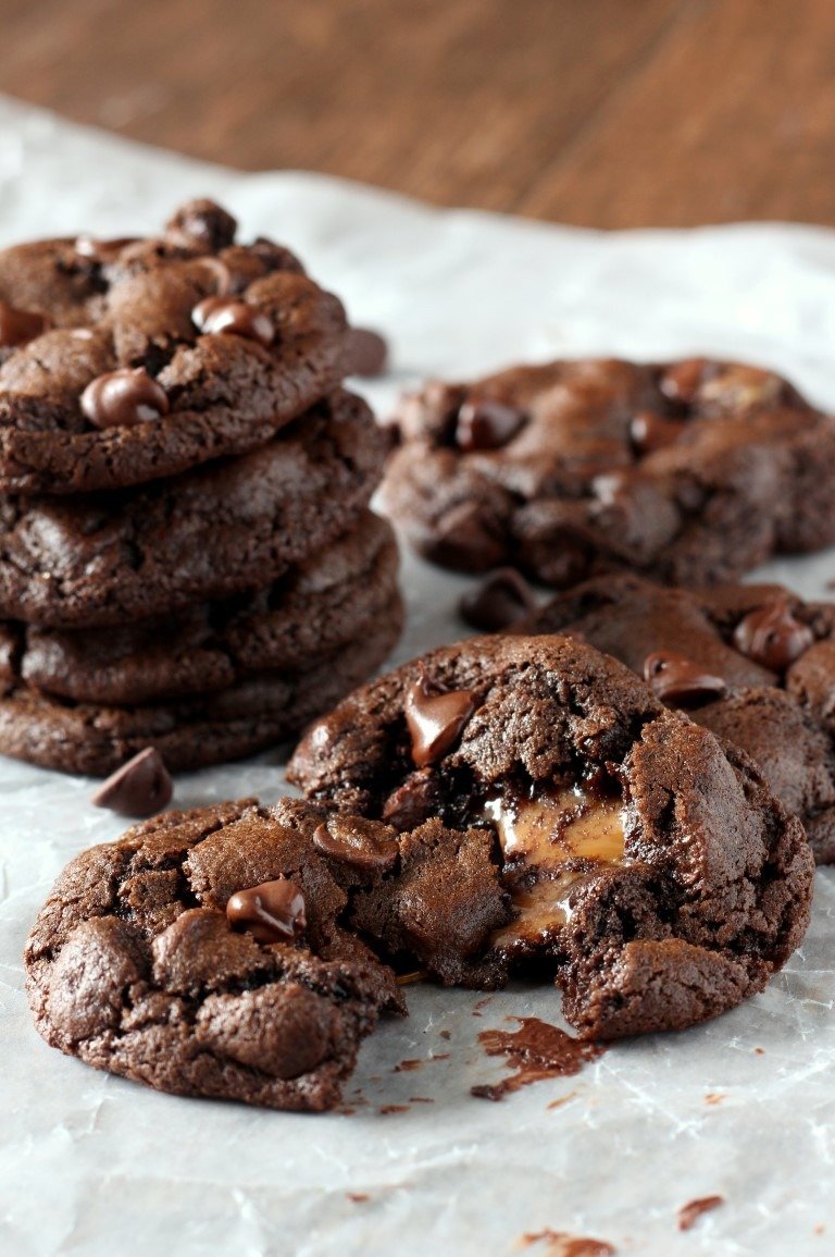 Caramel Stuffed Double Chocolate Chip Cookies