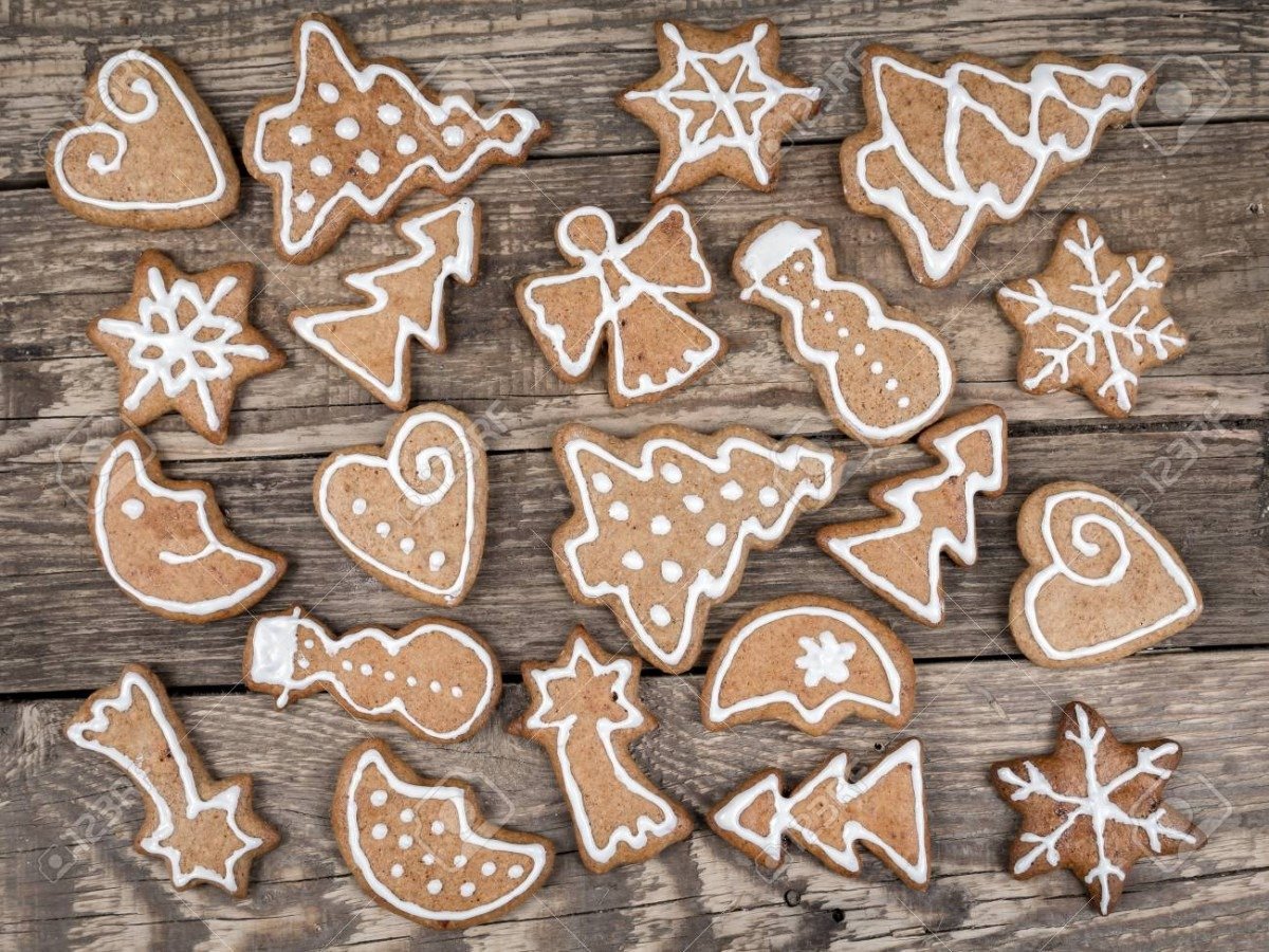 Different Shape Christmas Gingerbread Cookies With White Icing