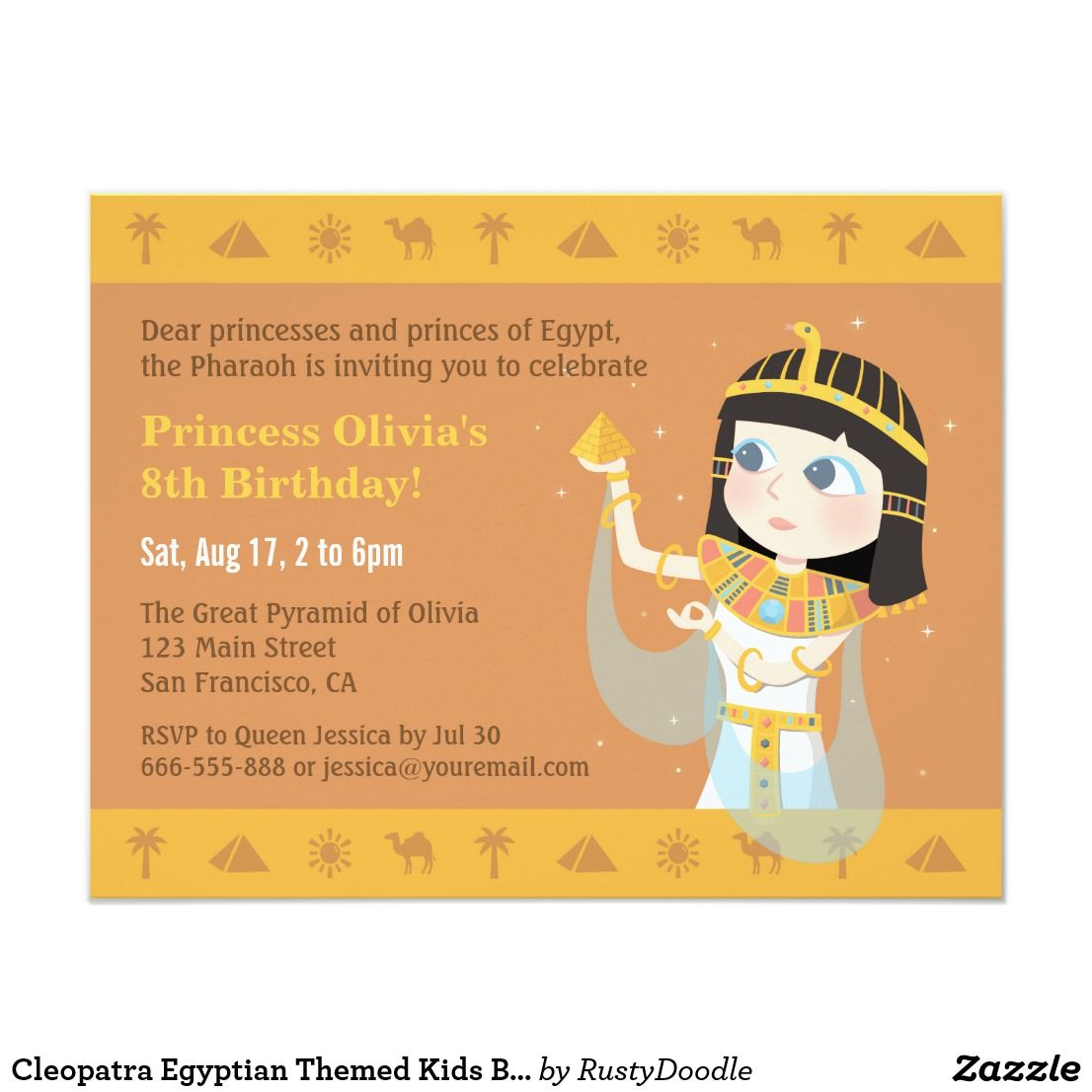 Cleopatra Egyptian Themed Kids Birthday Party Invitation