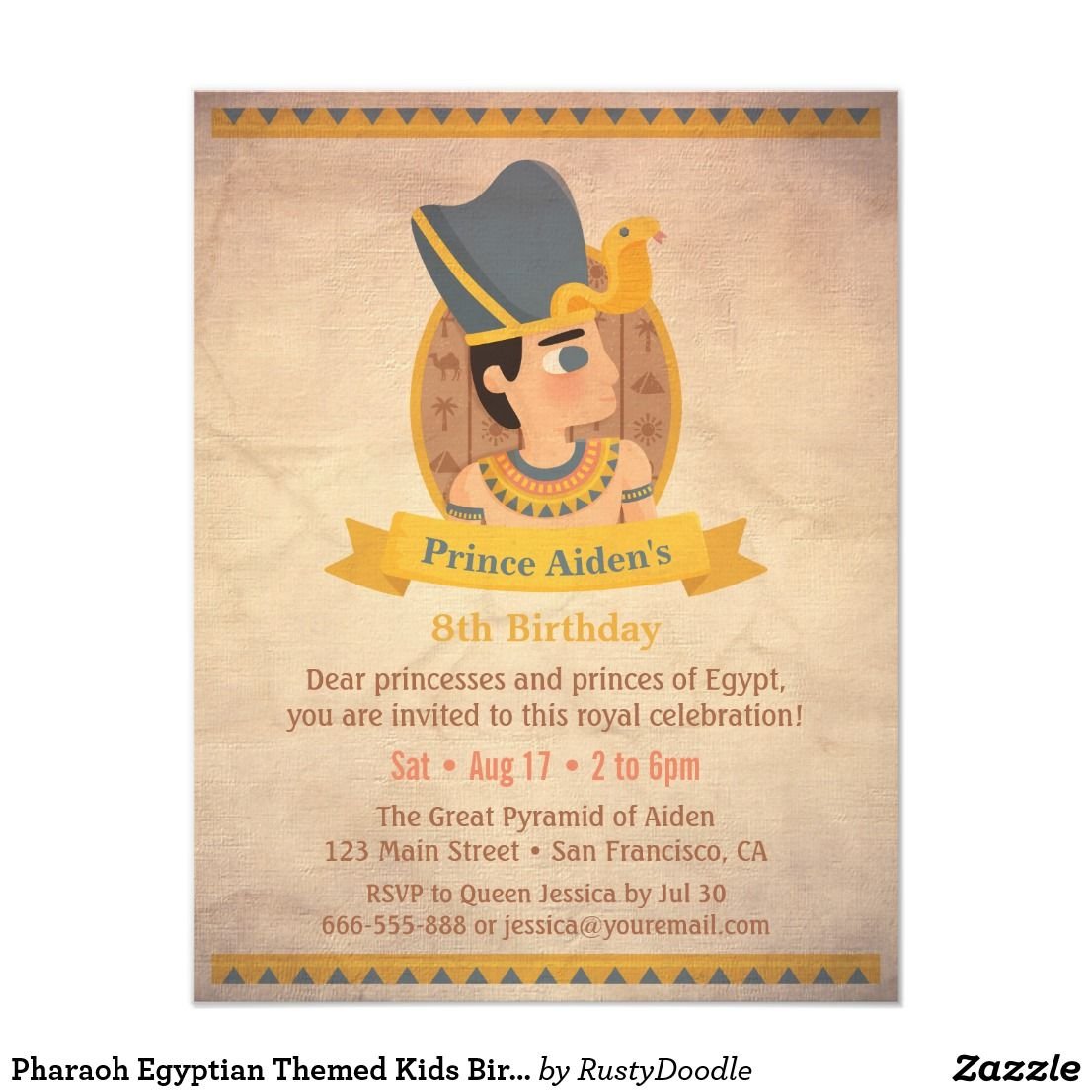 Pharaoh Egyptian Themed Kids Birthday Party Invitation