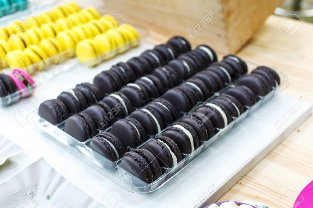 Rows Of Colorful Macaron Cookies For Sale At Street Food Festival