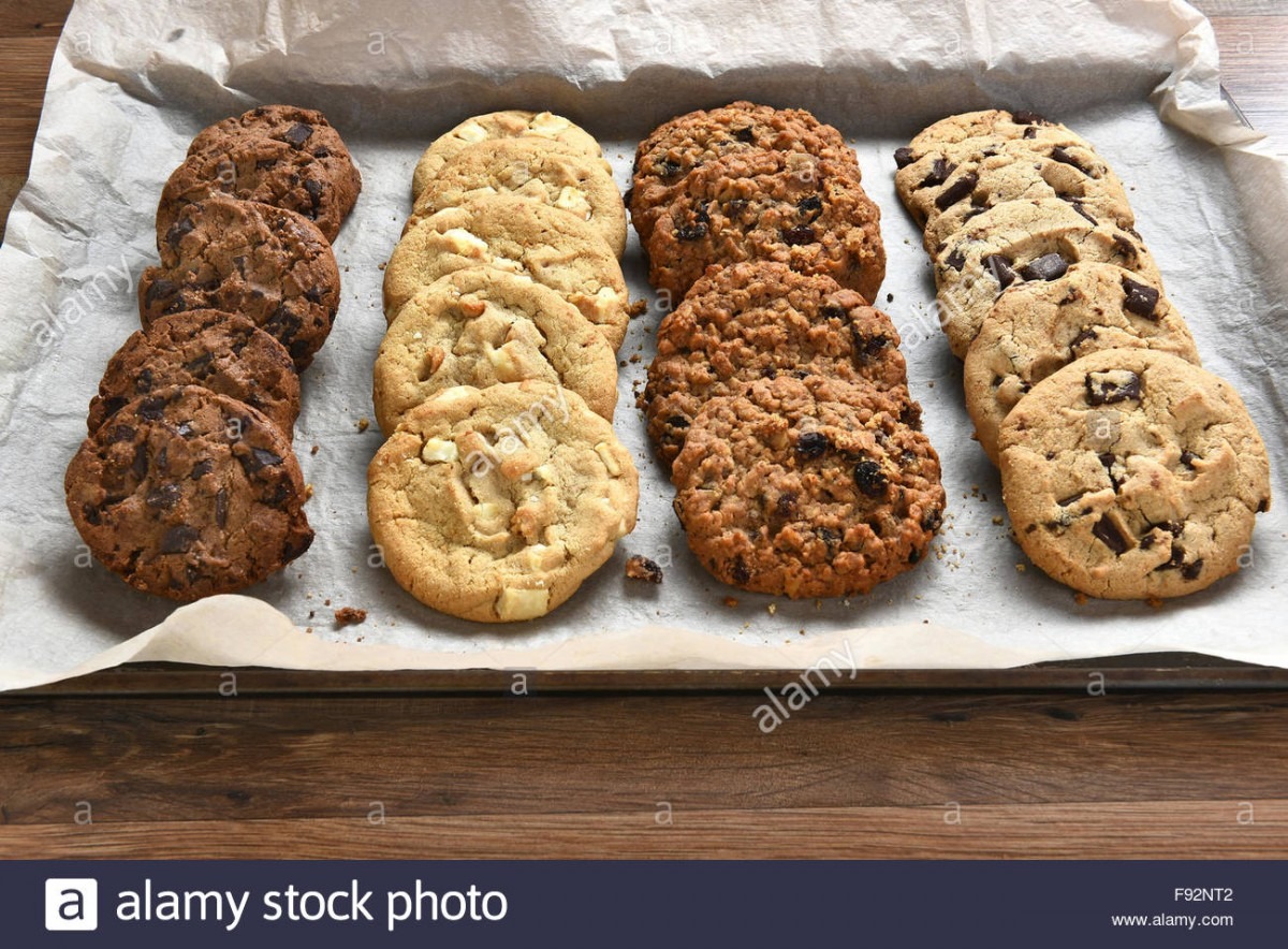 Closeup Of A Tray Of Fresh Baked Cookies, Chocolate Chip, Oatmeal