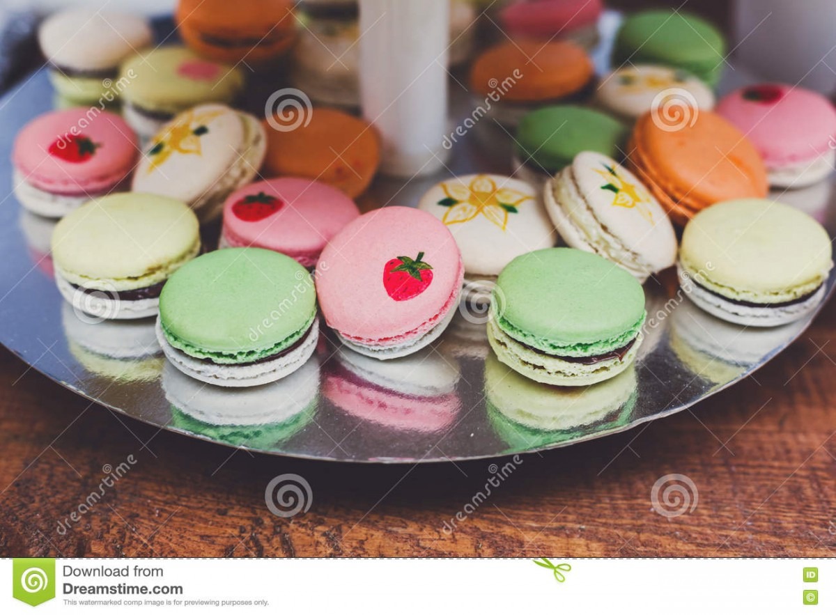 Colorful Macaron Cookies On Bar For Sale Stock Photo