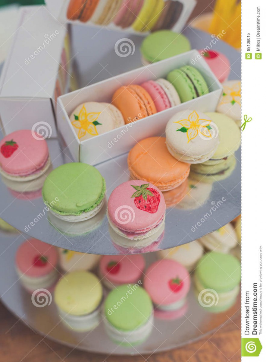 Colorful Macaron Cookies On Bar For Sale Stock Image