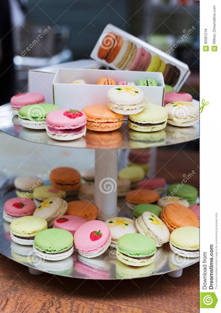 Colorful Macaron Cookies On Bar For Sale Stock Photo