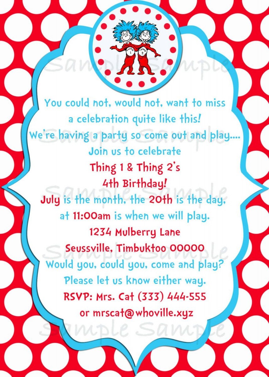 Seuss Thing 1 & Thing 2 Birthday Party Invitation Printable  $5 00