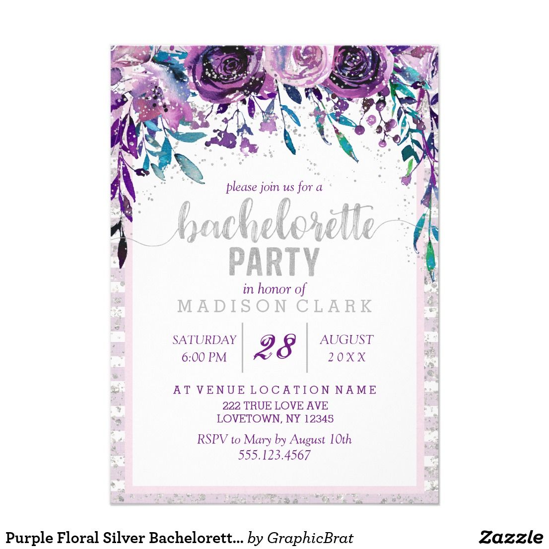 Purple Floral Silver Bachelorette Party Invitation Purple Floral