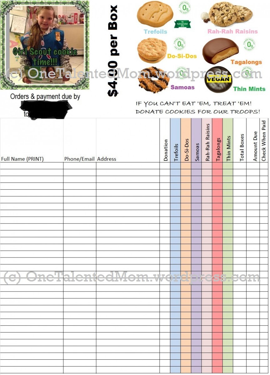 Printable Cookie Order Form Girl Scouts