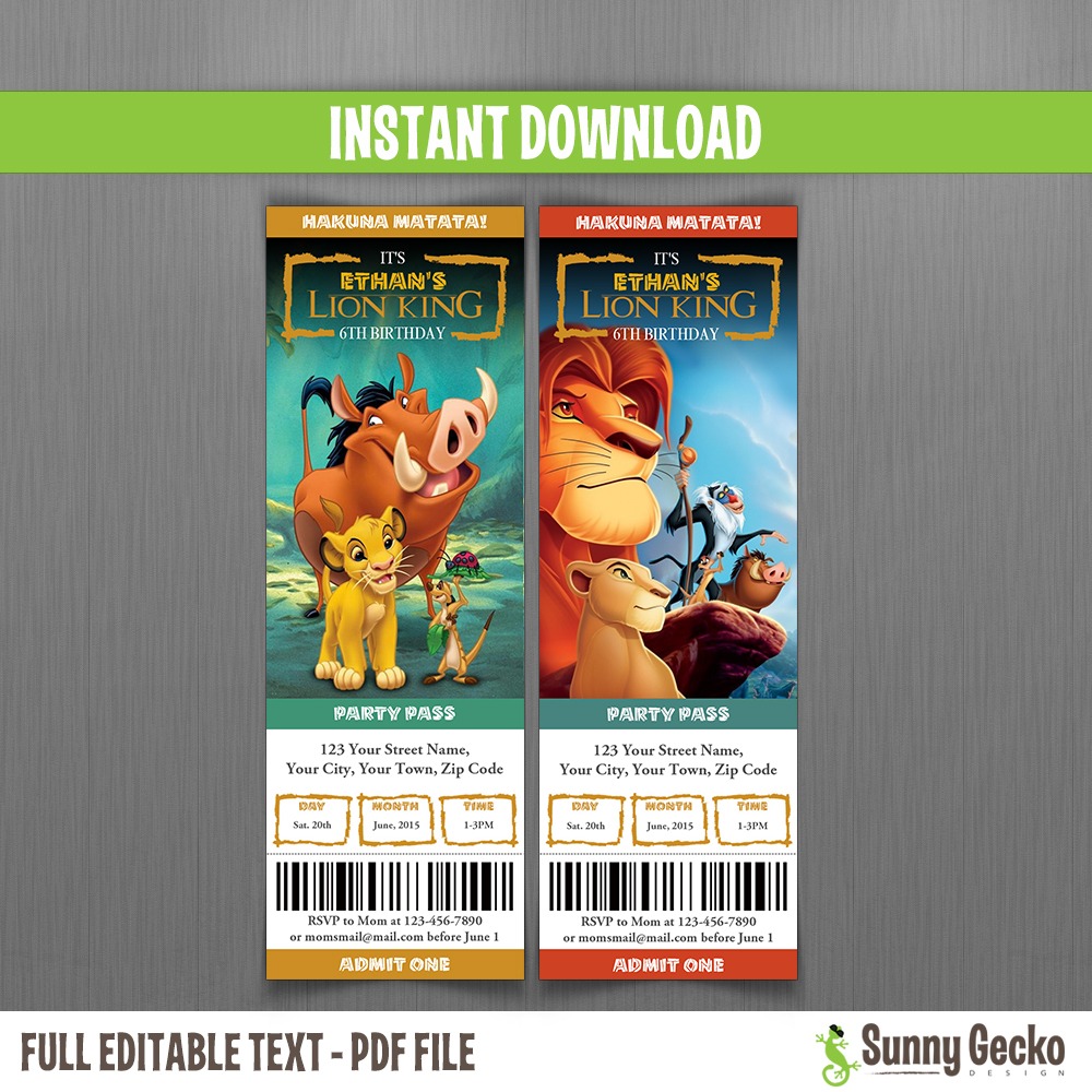 The Lion King Birthday Ticket Invitations