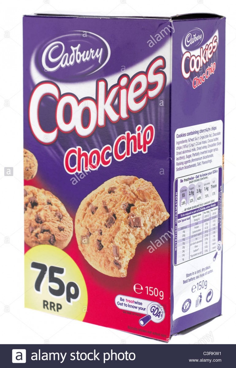 150 Gram Box Of Cadbury Choc Chip Cookies Stock Photo  36785197