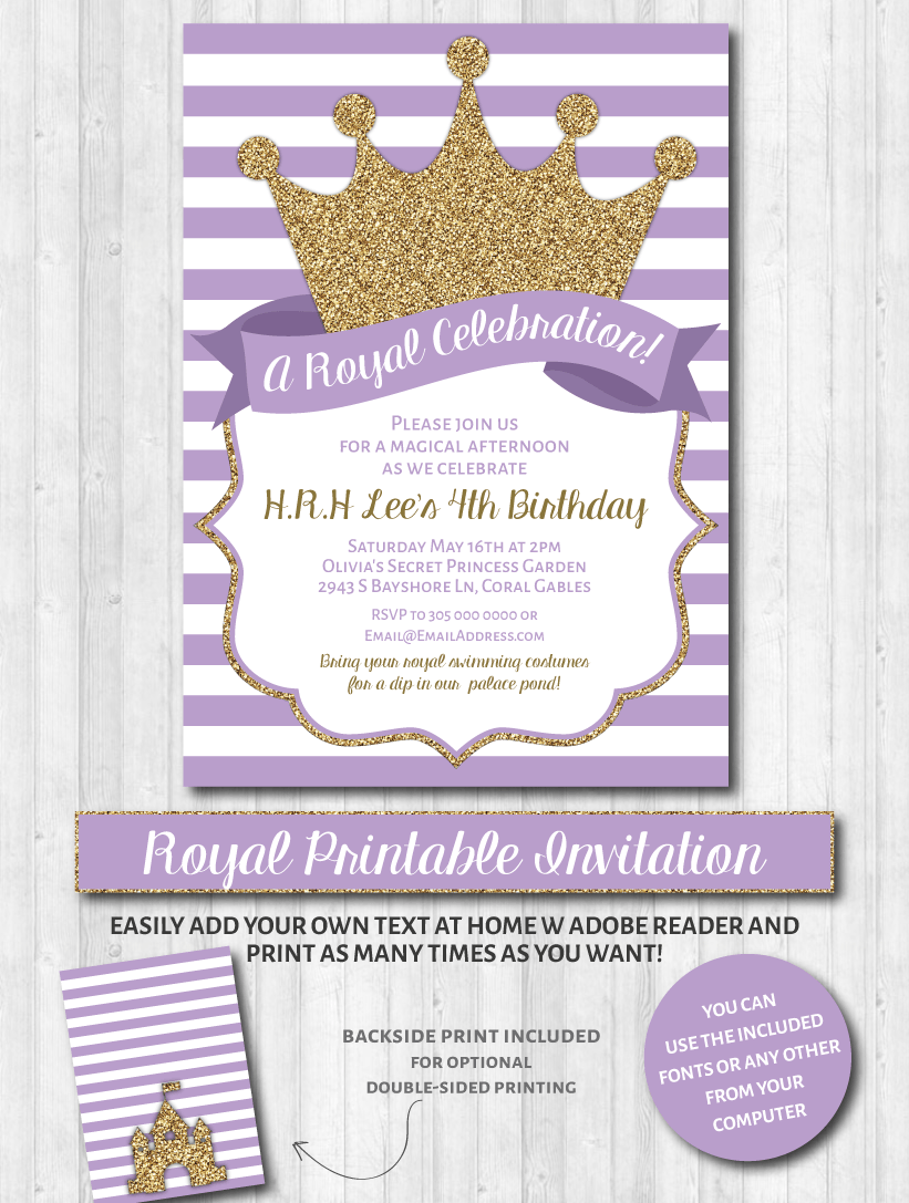 Princess Party Invitations  Purple & Gold Glitter