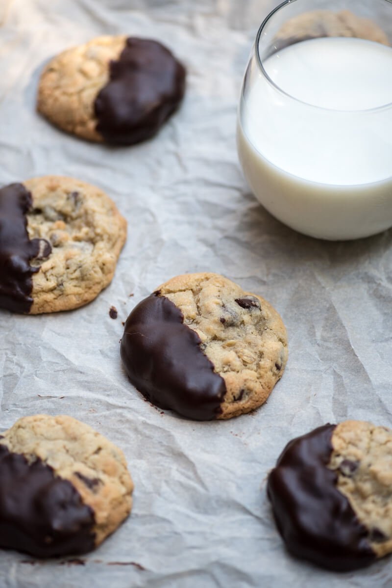 Chewy Chocolate Dipped Oatmeal Cookies